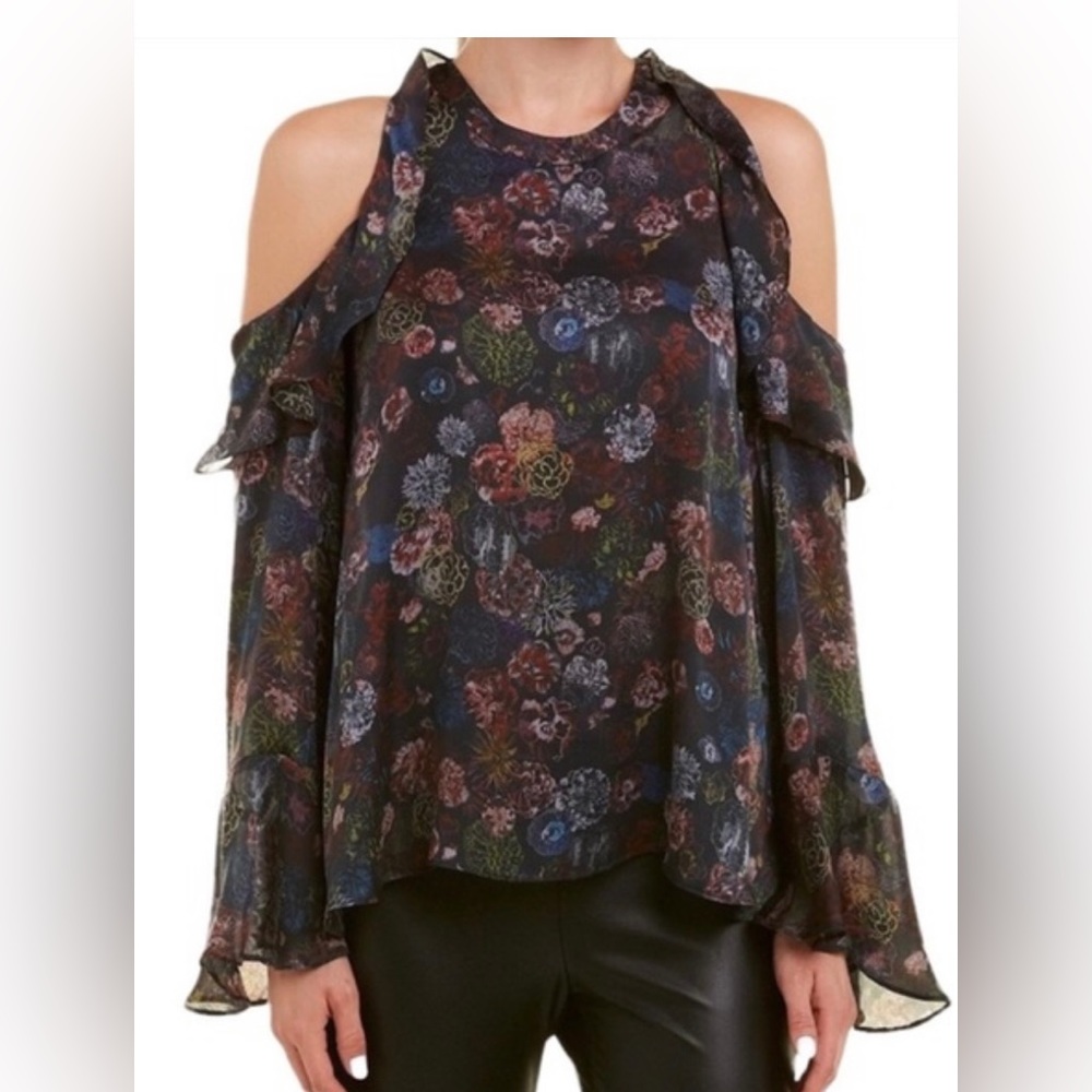 100% silk IRO floral cutout shoulder, bell sleeve top.